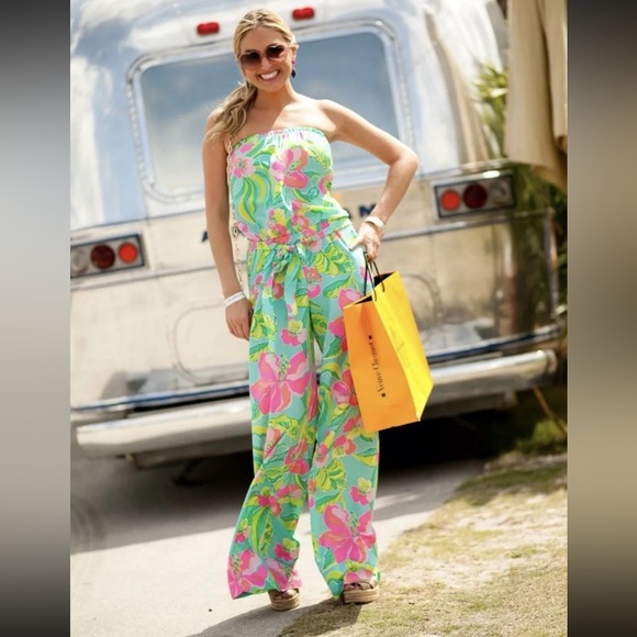 Lilly Pulitzer Farrah Strapless Jumpsuit Crystal Water Island Cocktail Print S - Picture 1 of 7